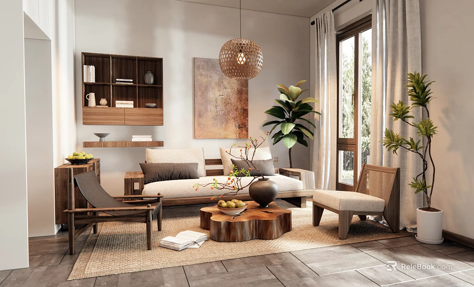 Natural Cozy Living Room Interior With Sofa Wooden Coffee Table Pendant Light And Plants 3d model 