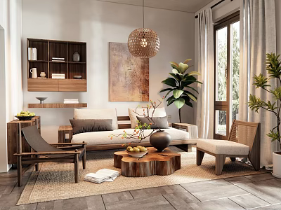 Natural Cozy Living Room Interior With Sofa Wooden Coffee Table Pendant Light And Plants 3d model