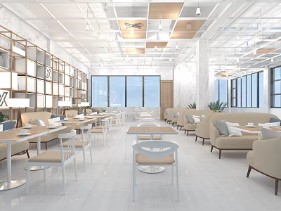 Restaurant Modern Interior Spacious Dining Area White Tables Chairs Wooden Decor Large Windows Sofa Seats 3d model