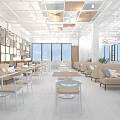 Restaurant Modern Interior Spacious Dining Area White Tables Chairs Wooden Decor Large Windows Sofa Seats