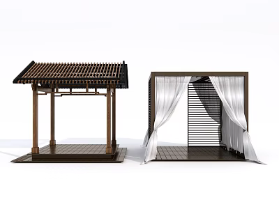 Traditional And Modern Pavilion Designs With Wooden Structures And White Curtains 3d model