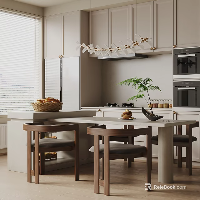Modern Kitchen Dining Table Set With Island Counter Chairs And Hanging Lights 3d model 