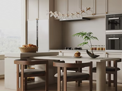 Modern Kitchen Dining Table Set With Island Counter Chairs And Hanging Lights 3d model