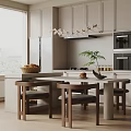 Modern Kitchen Dining Table Set With Island Counter Chairs And Hanging Lights 3d model