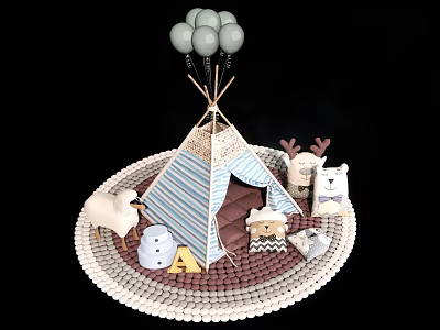 Striped Teepee Tent Setup With Light Blue Balloons Animal Plush Toys And Round Mat 3d model