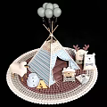 Striped Teepee Tent Setup With Light Blue Balloons Animal Plush Toys And Round Mat