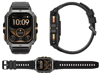 Smartwatch With Black Design Gold Accents Digital Chronograph Display And Perforated Strap Multiple Views 3d model