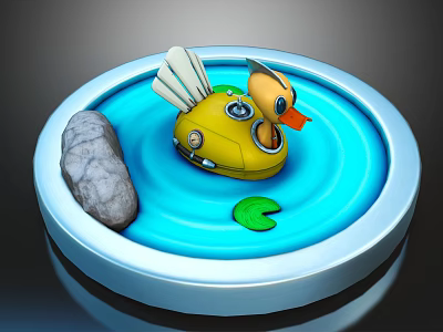 Cartoon Scene With Yellow Duck Floating In Round Blue Pool And Stone Green Leaf 3d model