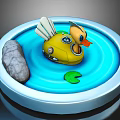 Cartoon Scene With Yellow Duck Floating In Round Blue Pool And Stone Green Leaf