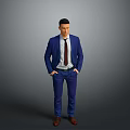 Man in Blue Suit White Shirt Red Tie with Hands in Pockets on Gray Background