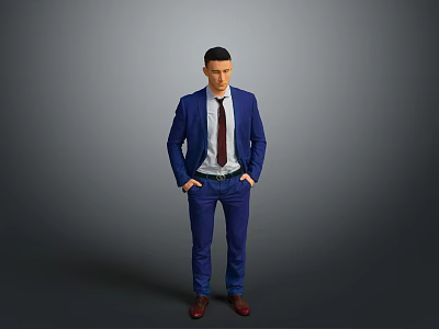 Man in Blue Suit White Shirt Red Tie with Hands in Pockets on Gray Background 3d model