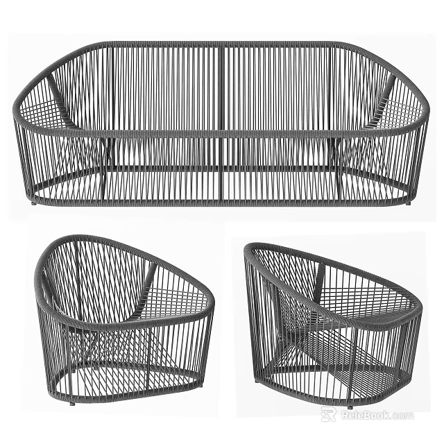 Modern Outdoor Wicker Sofa Set With Long Couch And Single Chairs 3d model