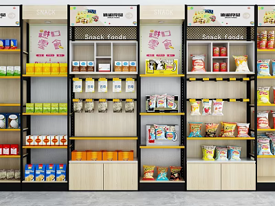 Retail Display Shelves with Multiple Layers of Neatly Arranged Snacks Drinks and Food Items 3d model