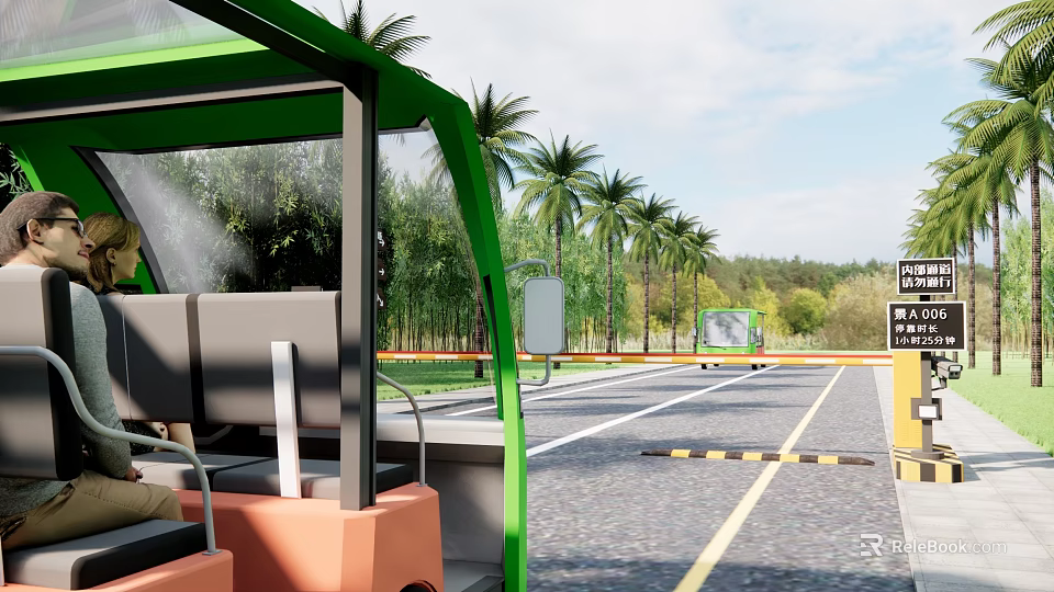 Entrance Gate With Palm Trees Along Road And Green Vehicle View 3d model 