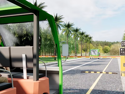 Entrance Gate With Palm Trees Along Road And Green Vehicle View 3d model