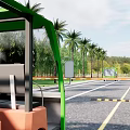 Entrance Gate With Palm Trees Along Road And Green Vehicle View