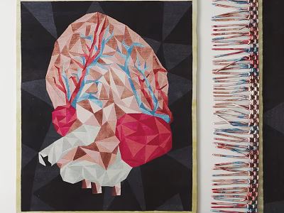 Square Rug With Abstract Geometric Design Pink Red Blue Patterns And Fringed Edges 3d model