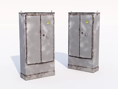 Industrial Electrical Enclosures with Double Doors Rusty Metal Construction and Yellow Warning Labels 3d model