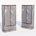 Industrial Electrical Enclosures with Double Doors Rusty Metal Construction and Yellow Warning Labels