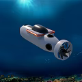 White Underwater Robot With Black Dome Orange Trim And Propellers In Ocean