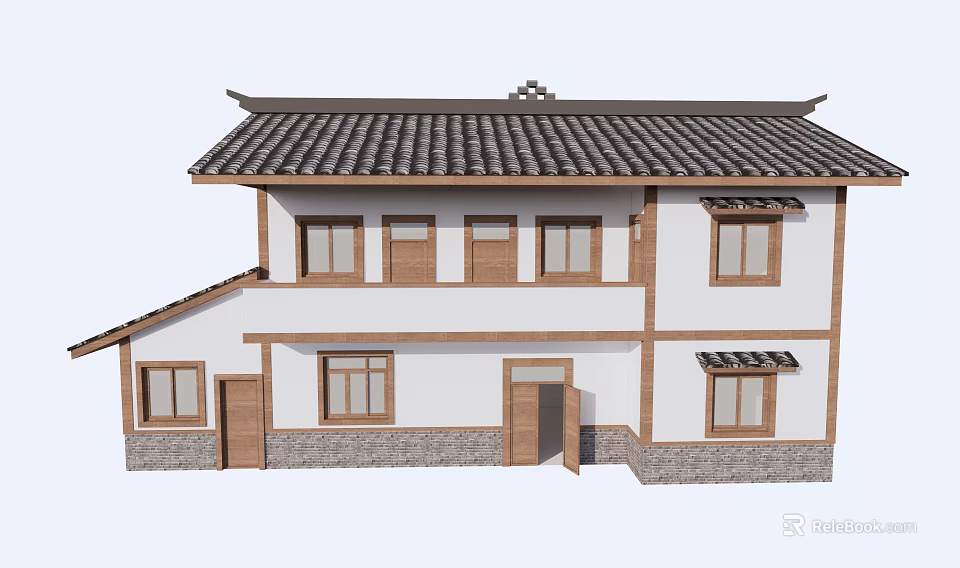 Traditional Chinese Style Rural Self Built House With Tile Roof And Two Story Design 3d model 
