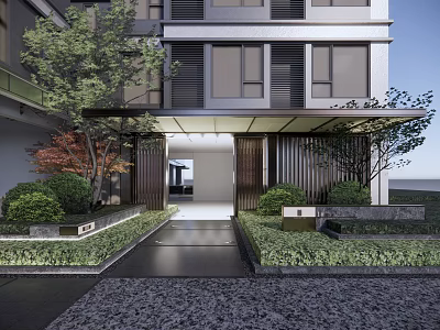 Modern Garden Landscape With Building Entrance Trees Shrubs And Paved Path 3d model