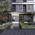 Modern Garden Landscape With Building Entrance Trees Shrubs And Paved Path