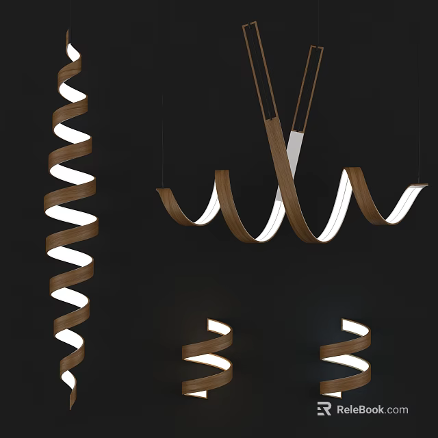 Unique Shaped Chandeliers With Spiral Wooden Design And Modern Lighting Effect 3d model 
