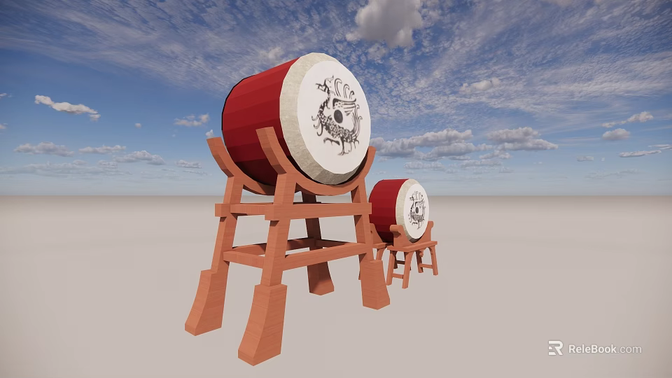Interactive Zone Featuring Red Drums on Wooden Stands With Surface Patterns and Blue Sky Background 3d model