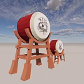 Interactive Zone Featuring Red Drums on Wooden Stands With Surface Patterns and Blue Sky Background 3d model