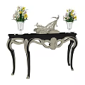 Stylish Console Table With Decorative Vases Artistic Sculpture And Ornate Metal Accents