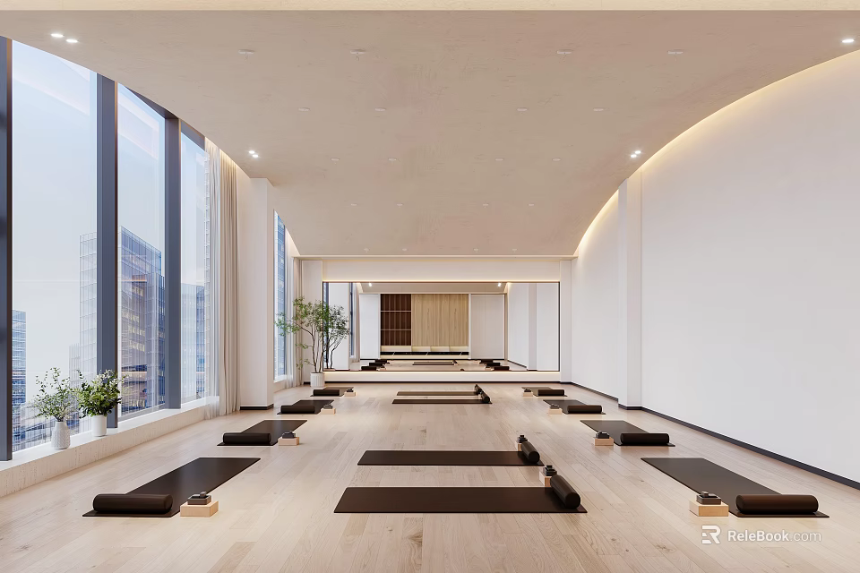 Bright Yoga Studio With Floor to Ceiling Windows City View Yoga Mats and Green Plants 3d model 