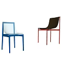 Modern Blue and Green Dining Chairs with Red Legs on Grey Pedestal Near Curtains