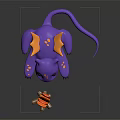 Purple Lizard Like Toy Creature with Small Campfire and Orange Flames