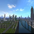 Modern Casement Door Design in Futuristic City with Skyscrapers Bridge Green Areas and Water