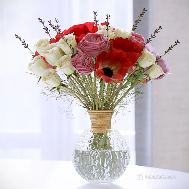 Colorful Mixed Flowers in Jute Wrapped Glass Vase with Red Pink White Roses and Lavender 3d model 
