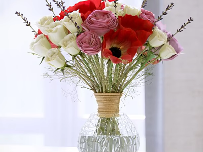 Colorful Mixed Flowers in Jute Wrapped Glass Vase with Red Pink White Roses and Lavender 3d model