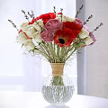 Colorful Mixed Flowers in Jute Wrapped Glass Vase with Red Pink White Roses and Lavender