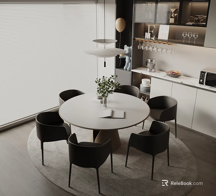 Round White Dining Table Set With Black Chairs And Green Plant In Modern Kitchen Interior 3d model 