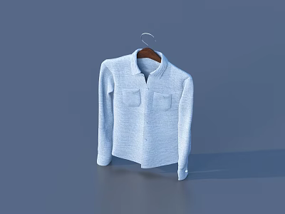 Light Blue Shirt with Two Pockets on Wooden Hanger against Gray Background 3d model