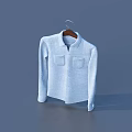 Light Blue Shirt with Two Pockets on Wooden Hanger against Gray Background