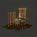 Wooden Dining Table With Chair Lamp Screen Near Damaged Wall Green Curtain And Scattered Papers