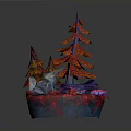 Colorful Paper Art Scene Model With Red Orange Trees And Rock Base