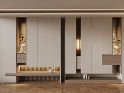 Modern Built in Shoe Cabinet with Storage Cabinets Drawers Decorative Vases and Lighting 3d model