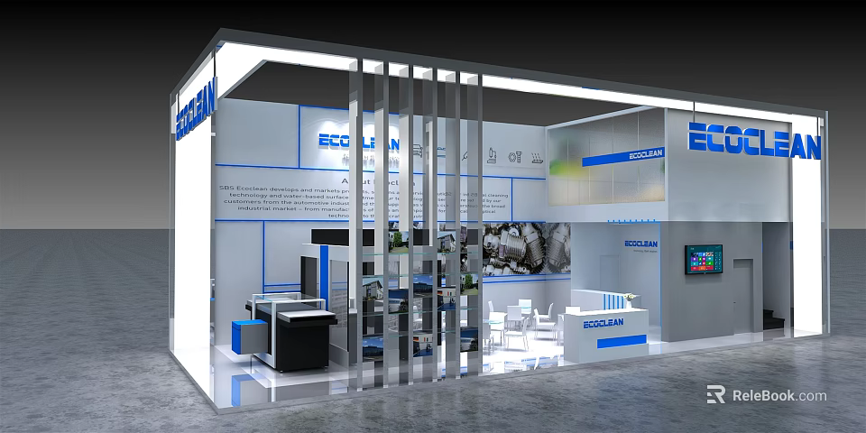 ESCOLAN Exhibition Booth With White Blue Design Vertical Bars Display Counters And Screens 3d model 