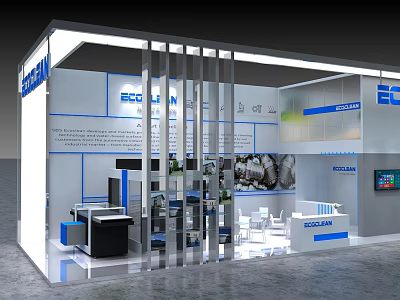ESCOLAN Exhibition Booth With White Blue Design Vertical Bars Display Counters And Screens 3d model