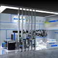 ESCOLAN Exhibition Booth With White Blue Design Vertical Bars Display Counters And Screens