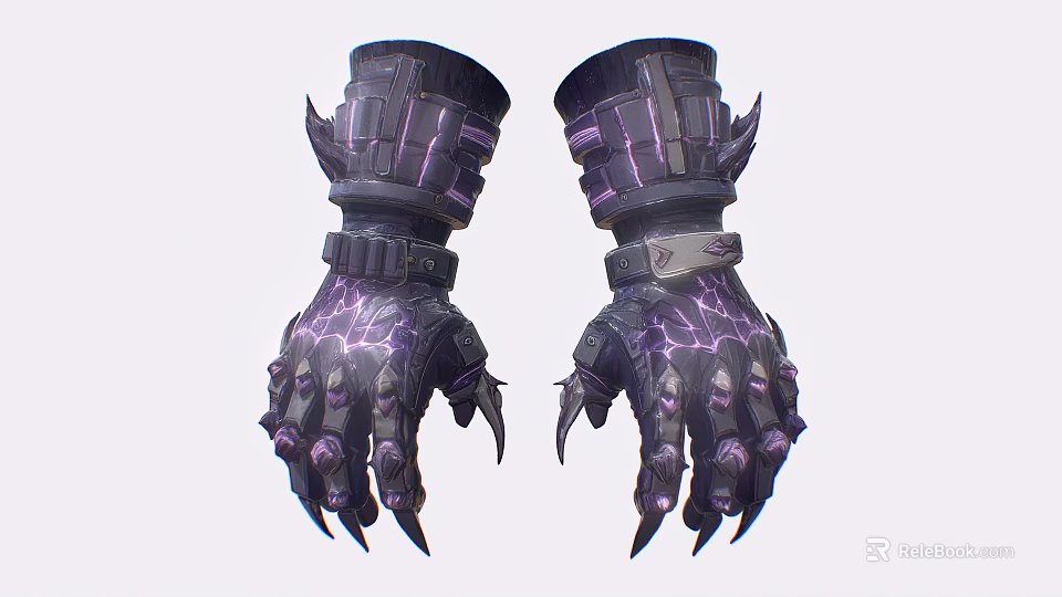 Futuristic Detailed Armored Gloves With Purple Lightning Patterns And Spiked Claws 3d model 