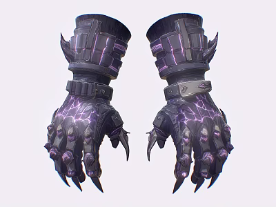 Futuristic Detailed Armored Gloves With Purple Lightning Patterns And Spiked Claws 3d model