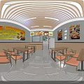 Bright Restaurant Interior With Wooden Ceiling Tables Chairs And Menu Boards